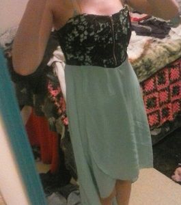 A black lace and mint green homecoming prom dress